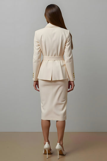Ivory Pencil 2 Piece Notched Lapel Long Sleeve Work Dress With Belt